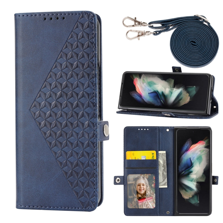Custodia per telefono in pelle con trama di vitello a griglia cubica con cordino da collo, For Samsung Galaxy Z Fold4, For Samsung Galaxy Z Fold3 5G, For Samsung Galaxy Z Flip4, For Samsung Galaxy Z Flip3 5G