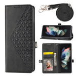 Custodia per telefono in pelle con trama di vitello a griglia cubica con cordino da collo, For Samsung Galaxy Z Fold4, For Samsung Galaxy Z Fold3 5G, For Samsung Galaxy Z Flip4, For Samsung Galaxy Z Flip3 5G