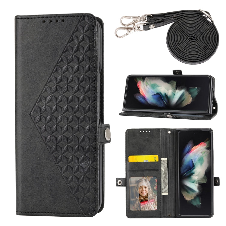 Custodia per telefono in pelle con trama di vitello a griglia cubica con cordino da collo, For Samsung Galaxy Z Fold4, For Samsung Galaxy Z Fold3 5G, For Samsung Galaxy Z Flip4, For Samsung Galaxy Z Flip3 5G