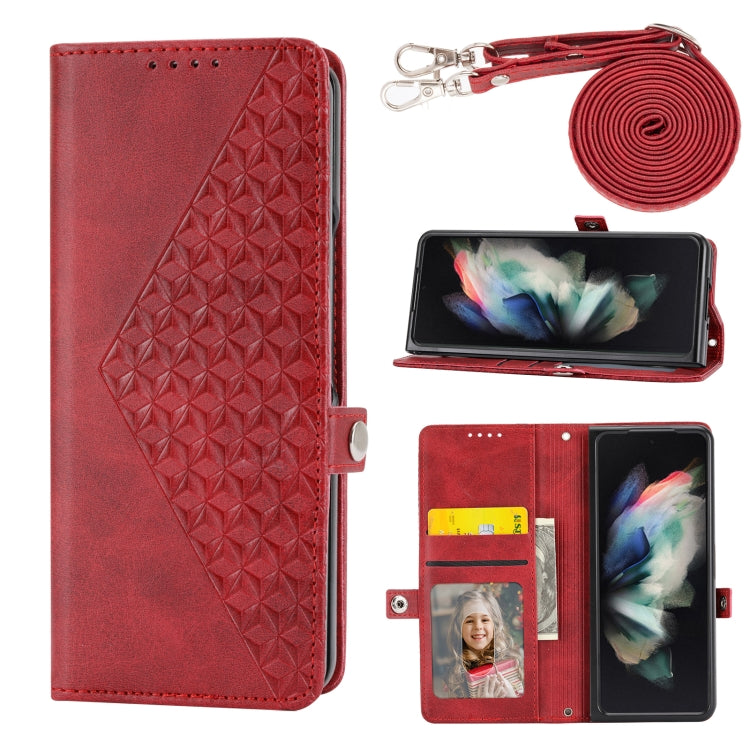 Custodia per telefono in pelle con trama di vitello a griglia cubica con cordino da collo, For Samsung Galaxy Z Fold4, For Samsung Galaxy Z Fold3 5G, For Samsung Galaxy Z Flip4, For Samsung Galaxy Z Flip3 5G