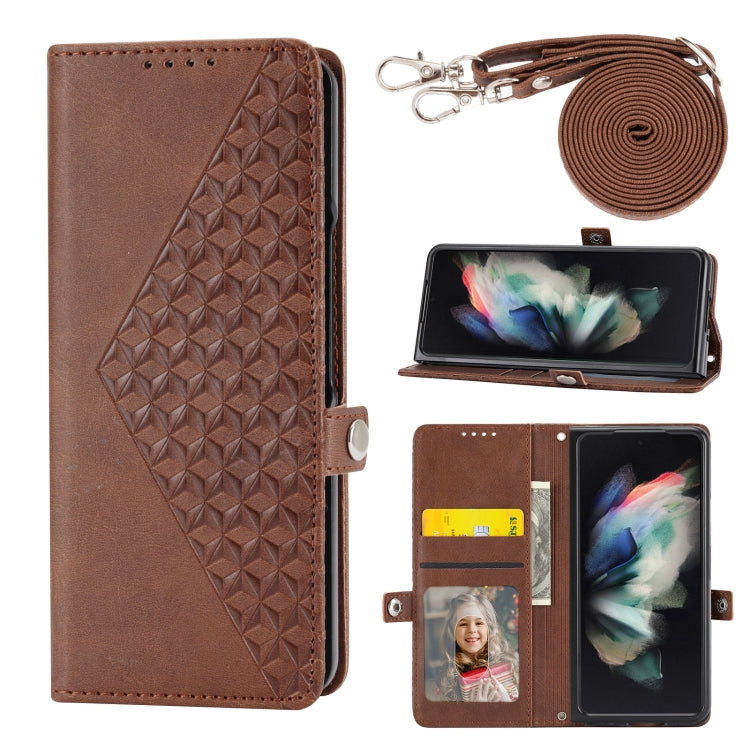 Custodia per telefono in pelle con trama di vitello a griglia cubica con cordino da collo, For Samsung Galaxy Z Fold4, For Samsung Galaxy Z Fold3 5G, For Samsung Galaxy Z Flip4, For Samsung Galaxy Z Flip3 5G
