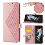 Custodia per telefono in pelle con trama di vitello a griglia cubica con cordino da collo, For Samsung Galaxy Z Fold4, For Samsung Galaxy Z Fold3 5G, For Samsung Galaxy Z Flip4, For Samsung Galaxy Z Flip3 5G