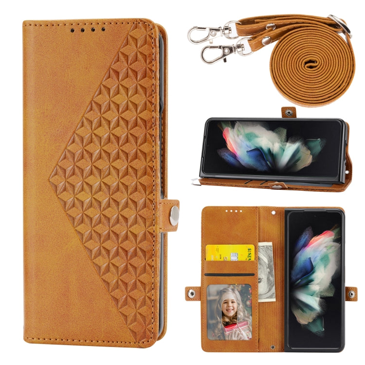 Custodia per telefono in pelle con trama di vitello a griglia cubica con cordino da collo, For Samsung Galaxy Z Fold4, For Samsung Galaxy Z Fold3 5G, For Samsung Galaxy Z Flip4, For Samsung Galaxy Z Flip3 5G