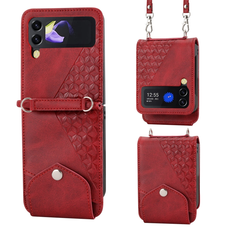 Custodia per telefono in pelle con trama di vitello a griglia cubica con cordino da collo, For Samsung Galaxy Z Fold4, For Samsung Galaxy Z Fold3 5G, For Samsung Galaxy Z Flip4, For Samsung Galaxy Z Flip3 5G