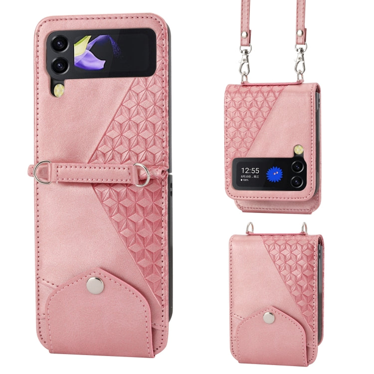 Custodia per telefono in pelle con trama di vitello a griglia cubica con cordino da collo, For Samsung Galaxy Z Fold4, For Samsung Galaxy Z Fold3 5G, For Samsung Galaxy Z Flip4, For Samsung Galaxy Z Flip3 5G