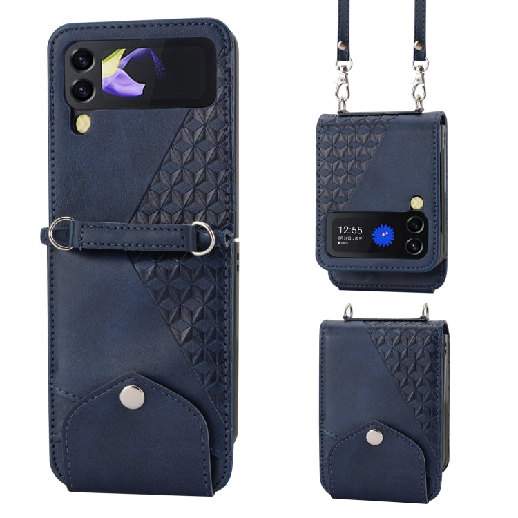 Custodia per telefono in pelle con trama di vitello a griglia cubica con cordino da collo, For Samsung Galaxy Z Fold4, For Samsung Galaxy Z Fold3 5G, For Samsung Galaxy Z Flip4, For Samsung Galaxy Z Flip3 5G