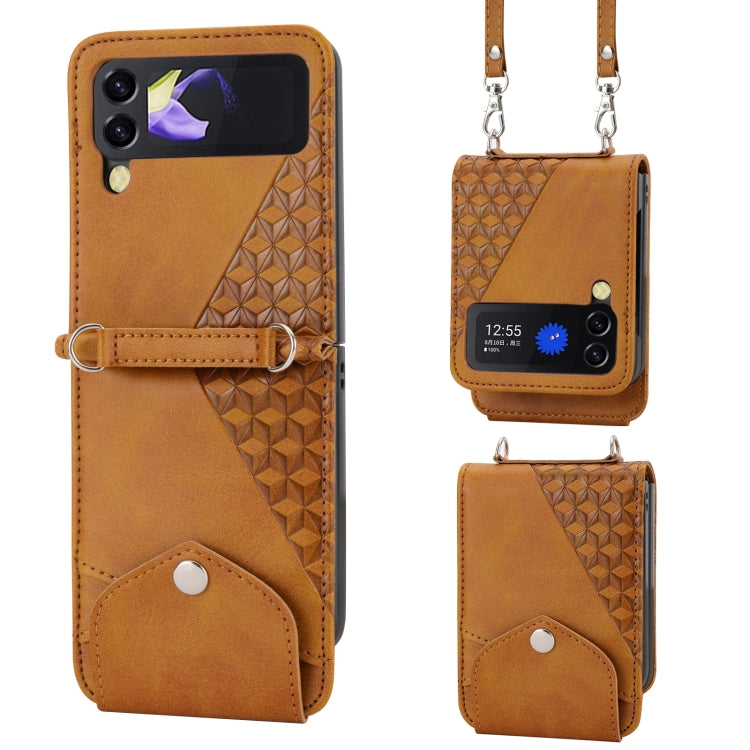 Custodia per telefono in pelle con trama di vitello a griglia cubica con cordino da collo, For Samsung Galaxy Z Fold4, For Samsung Galaxy Z Fold3 5G, For Samsung Galaxy Z Flip4, For Samsung Galaxy Z Flip3 5G
