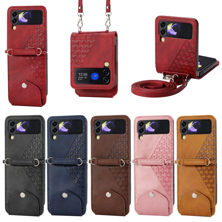 Custodia per telefono in pelle con trama di vitello a griglia cubica con cordino da collo, For Samsung Galaxy Z Fold4, For Samsung Galaxy Z Fold3 5G, For Samsung Galaxy Z Flip4, For Samsung Galaxy Z Flip3 5G