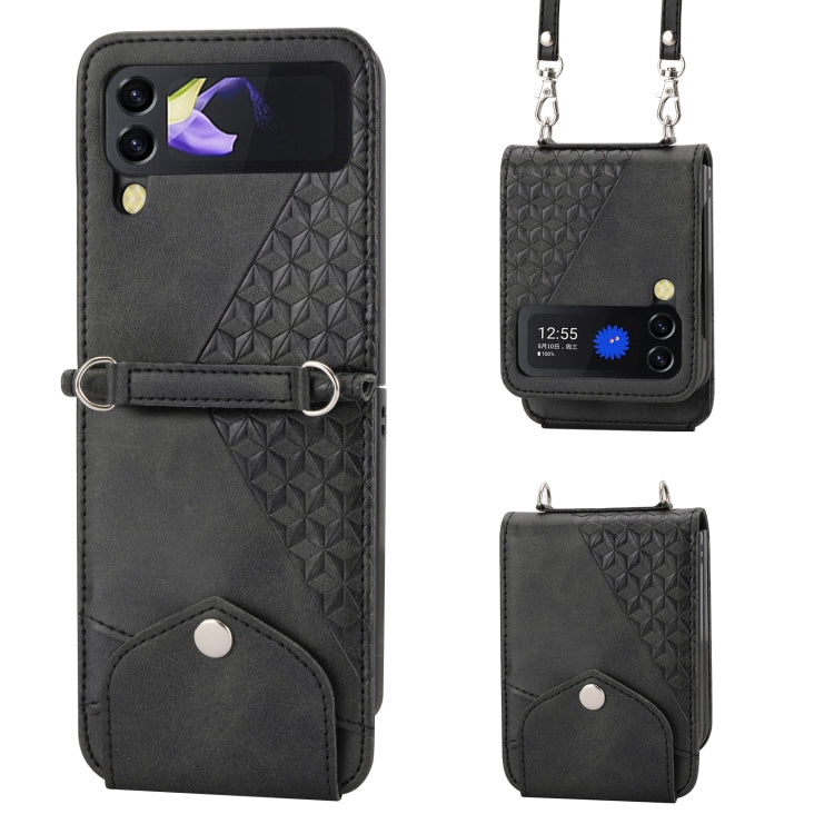 Custodia per telefono in pelle con trama di vitello a griglia cubica con cordino da collo, For Samsung Galaxy Z Fold4, For Samsung Galaxy Z Fold3 5G, For Samsung Galaxy Z Flip4, For Samsung Galaxy Z Flip3 5G