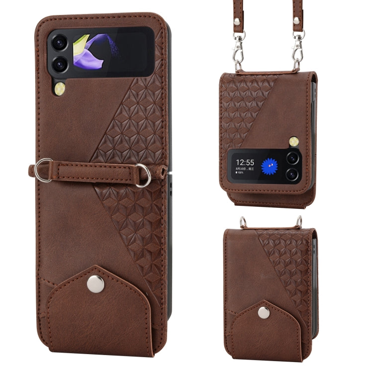 Custodia per telefono in pelle con trama di vitello a griglia cubica con cordino da collo, For Samsung Galaxy Z Fold4, For Samsung Galaxy Z Fold3 5G, For Samsung Galaxy Z Flip4, For Samsung Galaxy Z Flip3 5G
