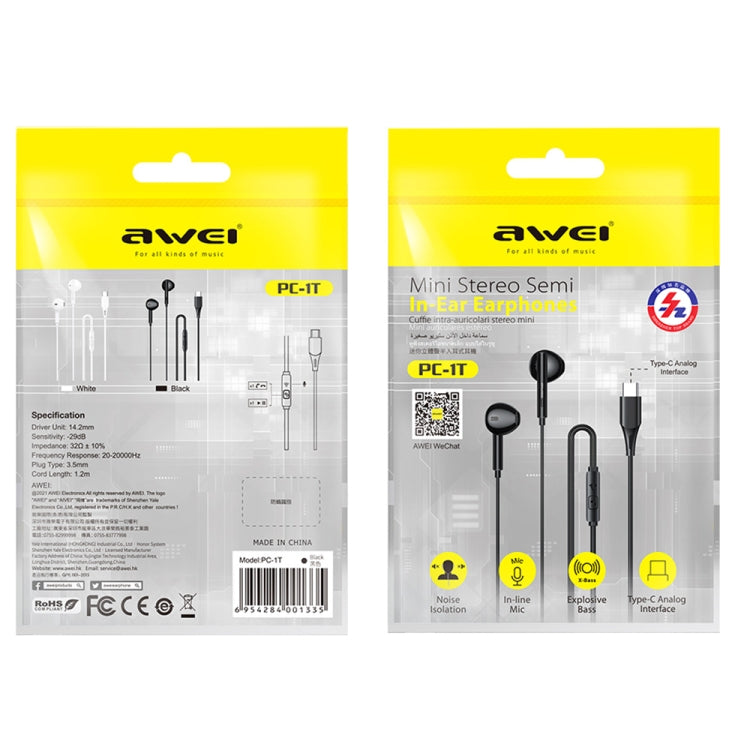 awei PC-1T 1.2m Mini Auricolari semi-in-ear stereo, PC-1T(Black), PC-1T(White)