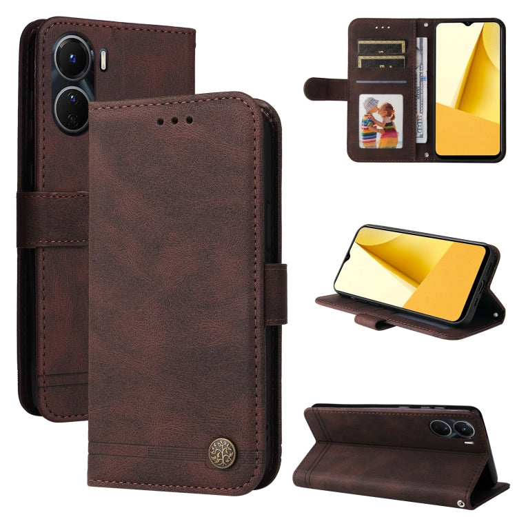 Custodia per telefono in pelle con bottone in metallo con albero della vita Skin Feel, For vivo Y16 / Y02s, For vivo Y35 4G / Y22s / Y22