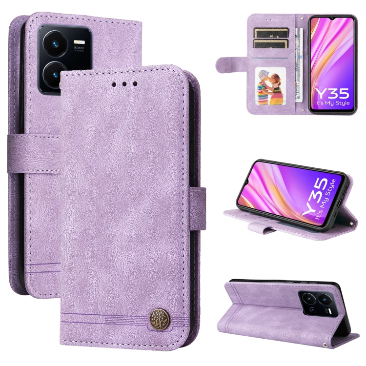 Custodia per telefono in pelle con bottone in metallo con albero della vita Skin Feel, For vivo Y16 / Y02s, For vivo Y35 4G / Y22s / Y22