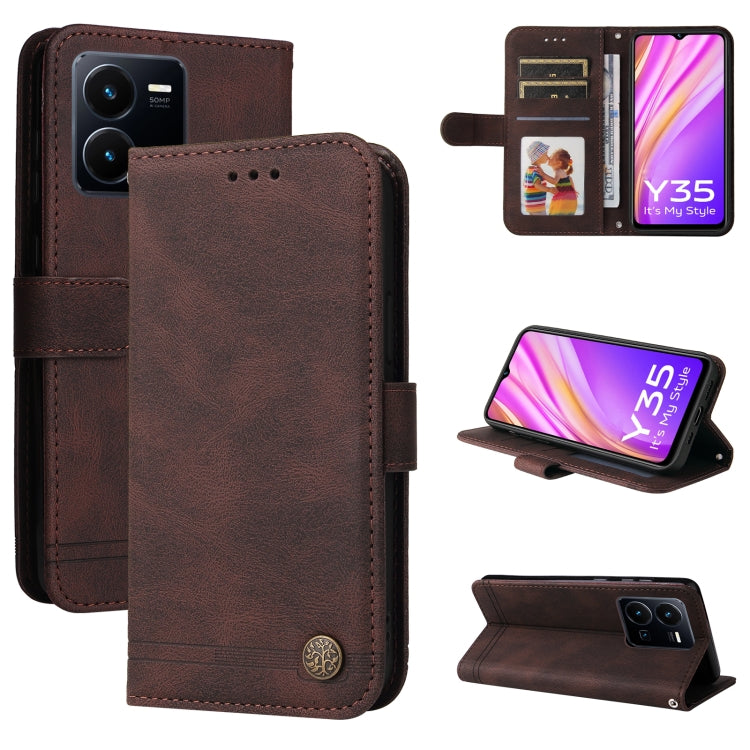 Custodia per telefono in pelle con bottone in metallo con albero della vita Skin Feel, For vivo Y16 / Y02s, For vivo Y35 4G / Y22s / Y22