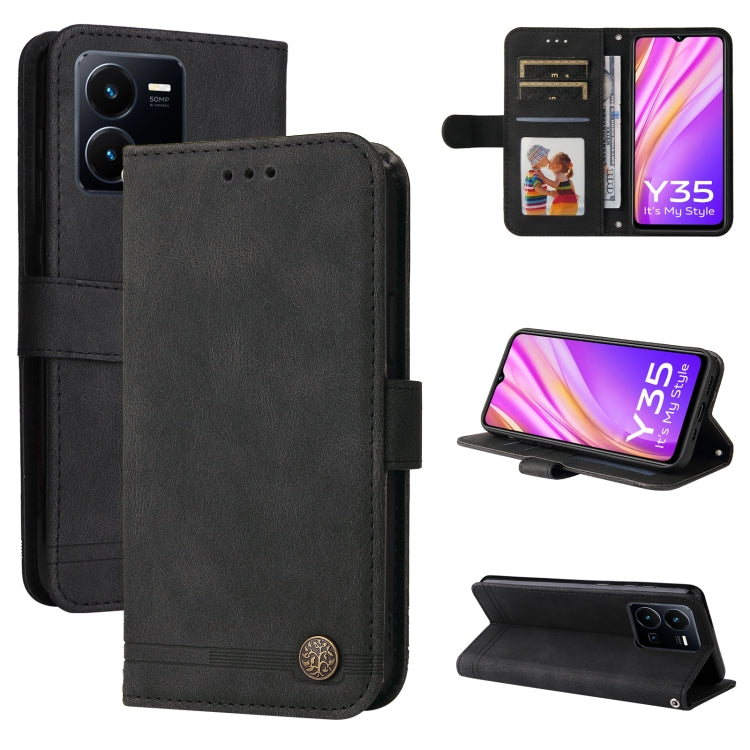 Custodia per telefono in pelle con bottone in metallo con albero della vita Skin Feel, For vivo Y16 / Y02s, For vivo Y35 4G / Y22s / Y22