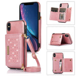 Custodia per telefono in pelle RFID tripla con cordino, For iPhone 14 Pro Max, For iPhone XR, For iPhone XS, For iPhone XS Max