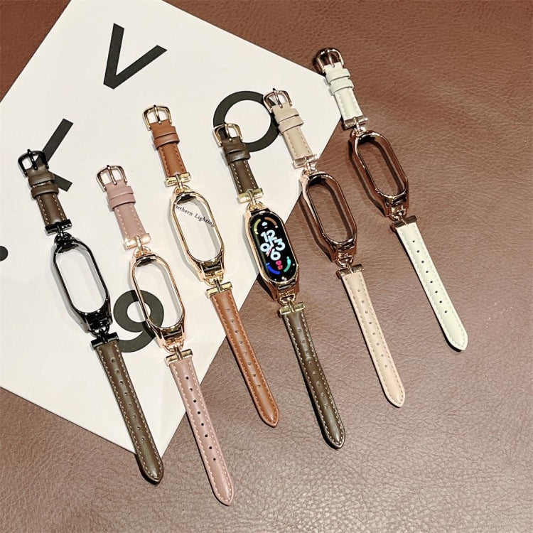 Acciaio a forma di D + cinturino in vera pelle, For Xiaomi Mi Band 3 / 4, For Xiaomi Mi Band 5 / 6