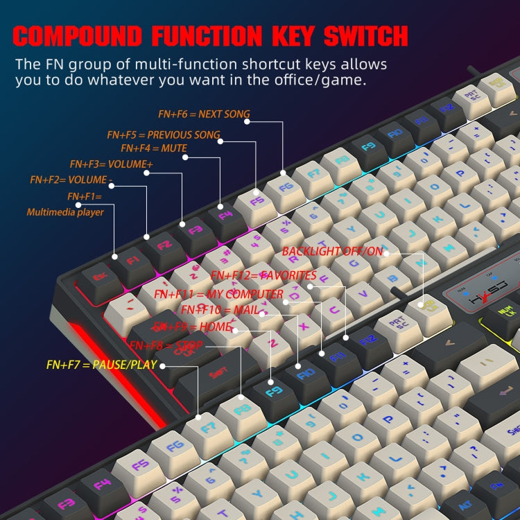 Tastiera da gioco cablata stampata a iniezione bicolore retroilluminata RGB HXSJ V600 a 96 tasti