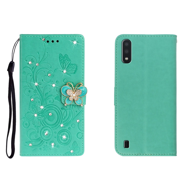 Custodia portafoglio in pelle goffrata con strass per Galaxy A01