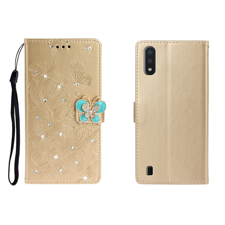 Custodia portafoglio in pelle goffrata con strass per Galaxy A01
