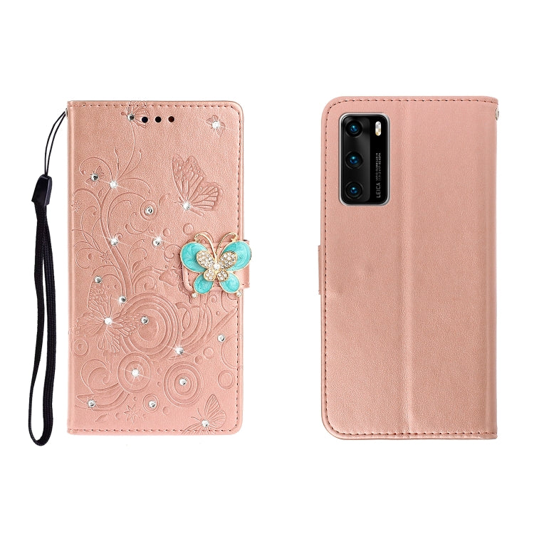 Custodia in pelle goffrata a farfalla con strass orizzontale con slot per schede, portafoglio e supporto, For Huawei P40
