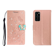 Custodia in pelle goffrata a farfalla con strass orizzontale con slot per schede, portafoglio e supporto, For Huawei P40