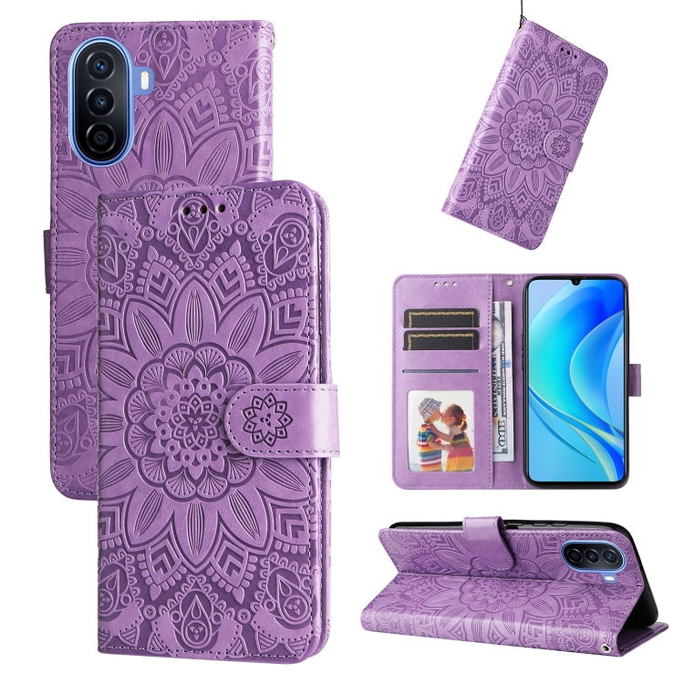 Custodia per telefono in pelle di girasole goffrata, For Huawei nova Y70 / Y70 Plus / Enjoy 50, For Huawei nova Y90 / Enjoy 50 Pro, For Honor X8 5G / X6, For OPPO A17