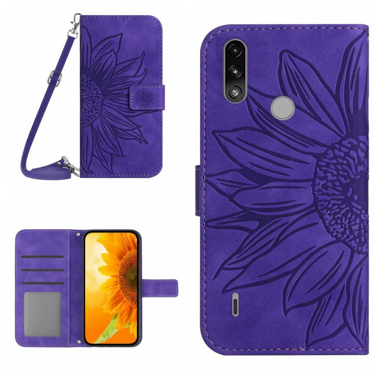 Skin Feel Custodia per cellulare in pelle con motivo a fiori di sole con cordino, For Motorola Moto E7 Power/E7i Power, For Motorola Moto E20/E30/E40