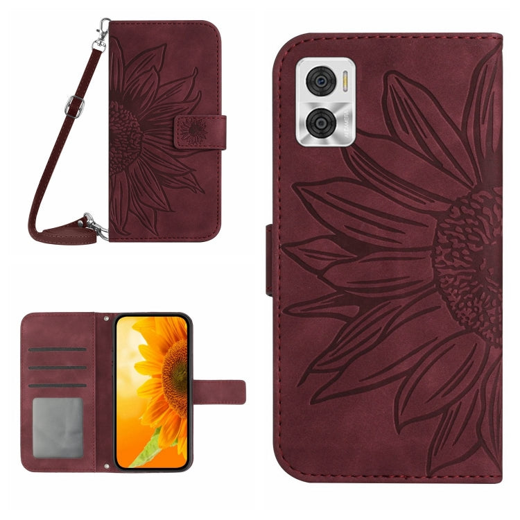 Skin Feel Custodia per cellulare in pelle con motivo a fiori di sole con cordino, For Motorola Moto E22 4G/E22i 4G, For Motorola Moto E32/E32S
