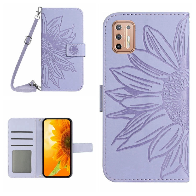 Skin Feel Custodia per cellulare in pelle con motivo a fiori di sole con cordino, For Motorola Moto G9 Plus, For Motorola Moto G9 Power