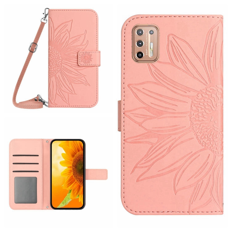 Skin Feel Custodia per cellulare in pelle con motivo a fiori di sole con cordino, For Motorola Moto G9 Plus, For Motorola Moto G9 Power