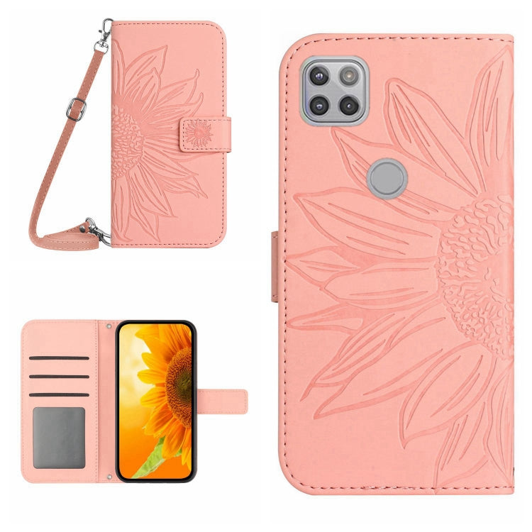 Skin Feel Custodia per cellulare in pelle con motivo a fiori di sole con cordino, For Motorola Moto G9 Plus, For Motorola Moto G9 Power