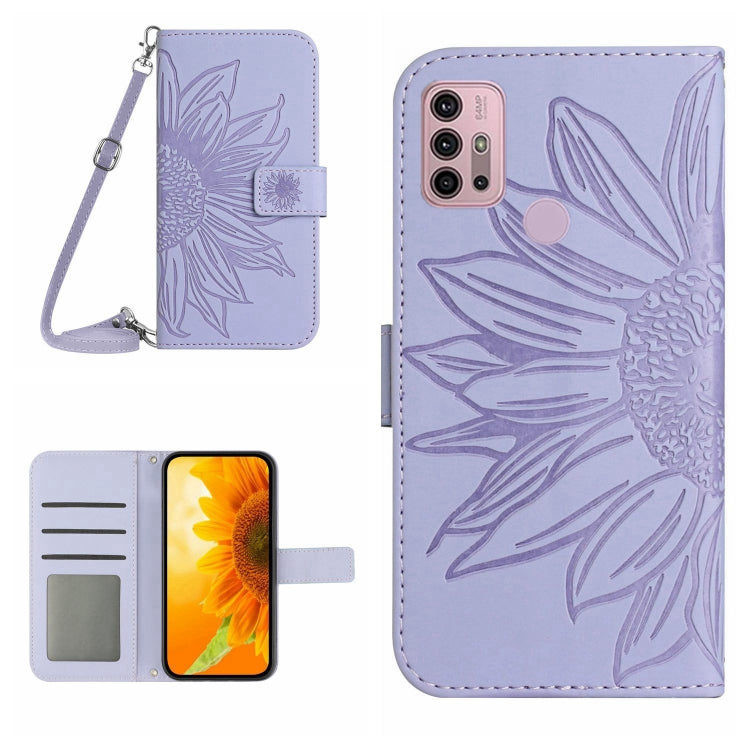 Skin Feel Custodia per cellulare in pelle con motivo a fiori di sole con cordino, For Motorola Moto G10/G20/G30, For Motorola Moto G22