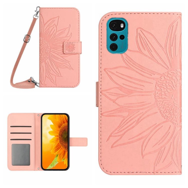 Skin Feel Custodia per cellulare in pelle con motivo a fiori di sole con cordino, For Motorola Moto G10/G20/G30, For Motorola Moto G22