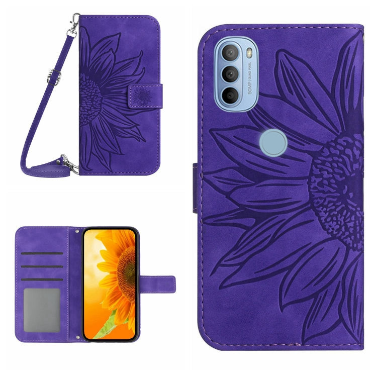Skin Feel Custodia per cellulare in pelle con motivo a fiori di sole con cordino, For Motorola Moto G51 5G, For Motorola Moto G52J