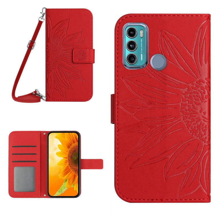 Skin Feel Custodia per cellulare in pelle con motivo a fiori di sole con cordino, For Motorola Moto G60, For Motorola Moto G60S
