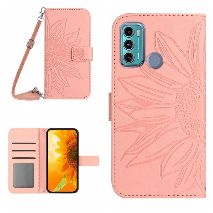 Skin Feel Custodia per cellulare in pelle con motivo a fiori di sole con cordino, For Motorola Moto G60, For Motorola Moto G60S