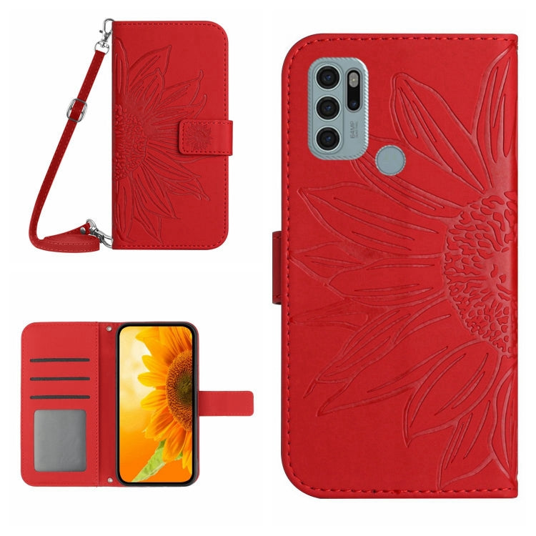 Skin Feel Custodia per cellulare in pelle con motivo a fiori di sole con cordino, For Motorola Moto G60, For Motorola Moto G60S