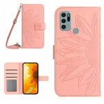 Skin Feel Custodia per cellulare in pelle con motivo a fiori di sole con cordino, For Motorola Moto G60, For Motorola Moto G60S