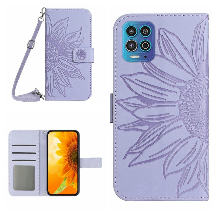 Skin Feel Custodia per cellulare in pelle con motivo a fiori di sole con cordino, For Motorola Moto G82 5G/G52 4G/G71S, For Motorola Moto G100