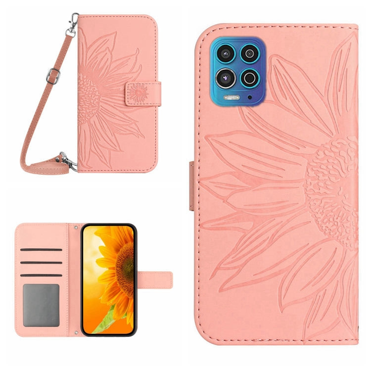 Skin Feel Custodia per cellulare in pelle con motivo a fiori di sole con cordino, For Motorola Moto G82 5G/G52 4G/G71S, For Motorola Moto G100