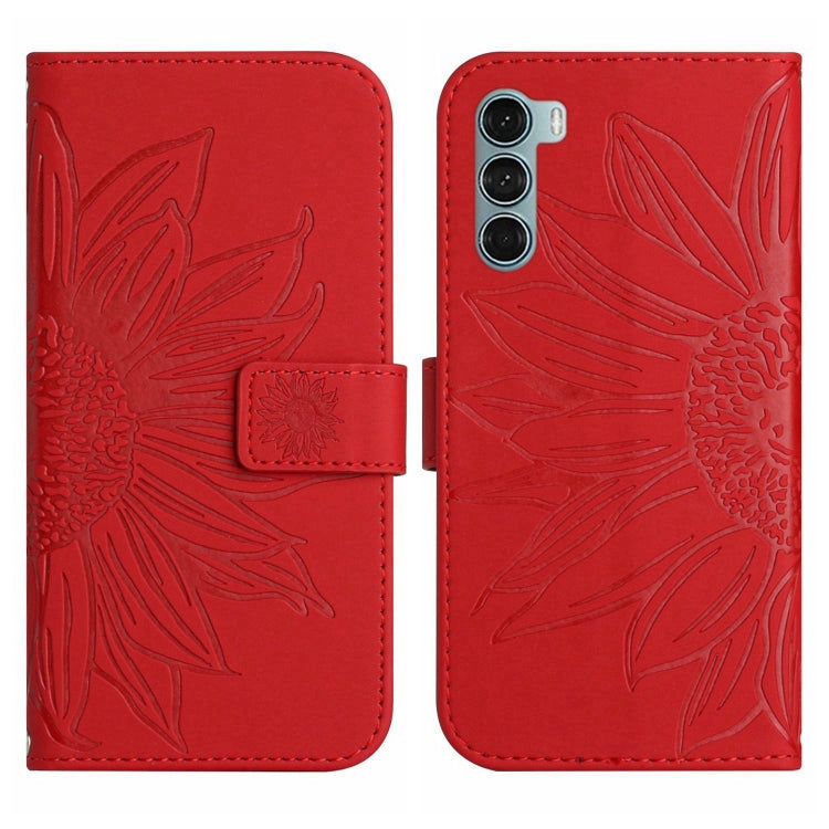 Skin Feel Custodia per cellulare in pelle con motivo a fiori di sole con cordino, For Motorola Moto G200 5G