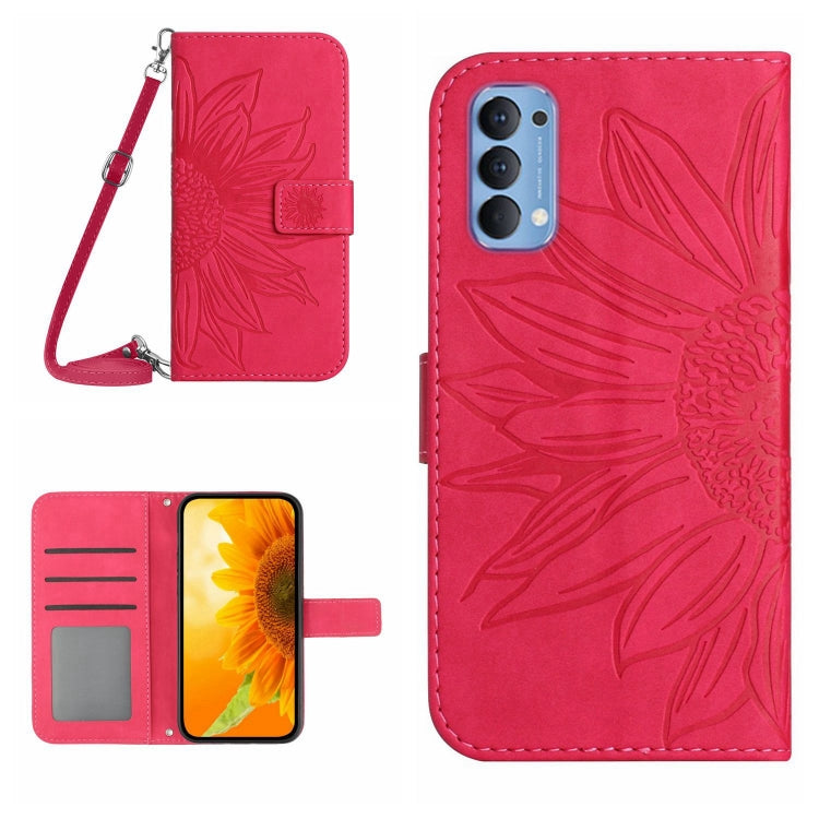 Skin Feel Custodia per cellulare in pelle con motivo a fiori di sole con cordino, For OPPO Reno4 5G, For OPPO Reno4 Lite/A93 4G