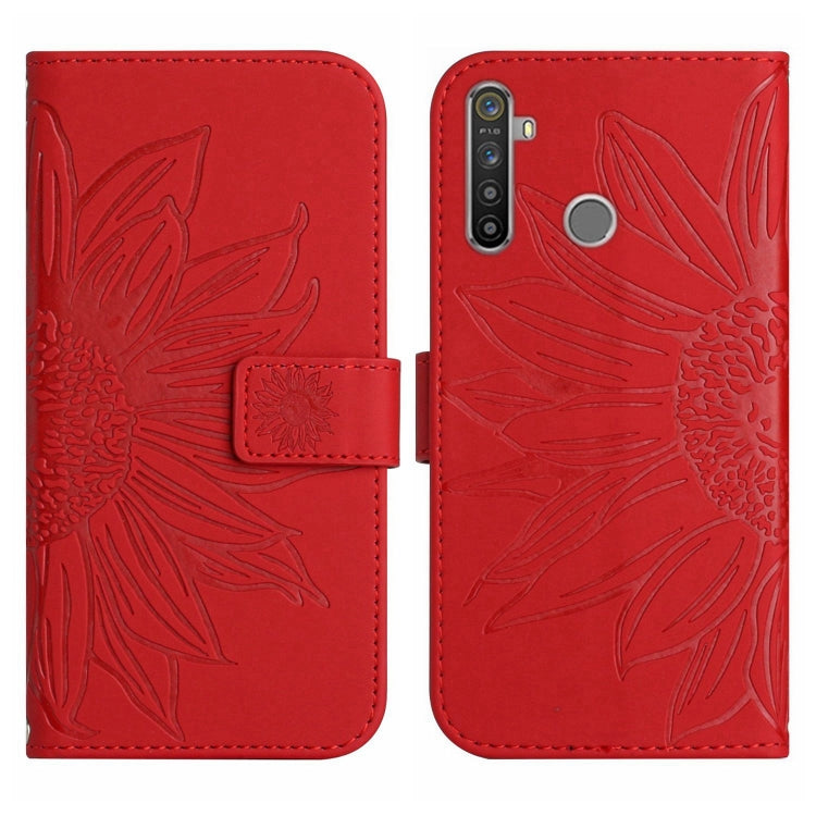 Skin Feel Custodia per cellulare in pelle con motivo a fiori di sole con cordino, For Realme 5, For Realme 5 Pro