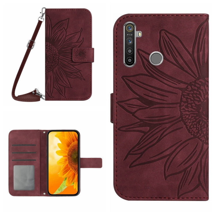 Skin Feel Custodia per cellulare in pelle con motivo a fiori di sole con cordino, For Realme 5, For Realme 5 Pro