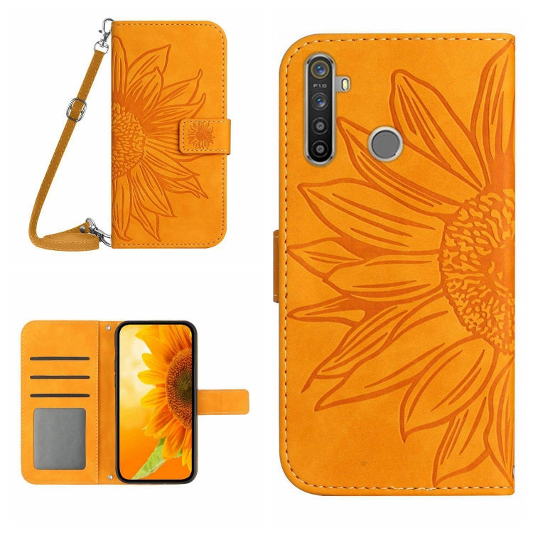 Skin Feel Custodia per cellulare in pelle con motivo a fiori di sole con cordino, For Realme 5, For Realme 5 Pro