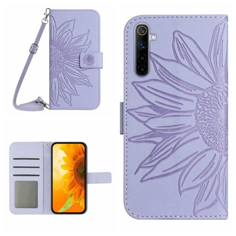 Skin Feel Custodia per cellulare in pelle con motivo a fiori di sole con cordino, For Realme 6, For Realme 6 Pro
