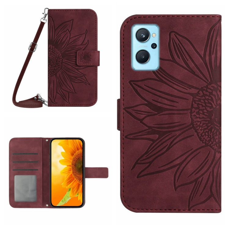 Skin Feel Custodia per cellulare in pelle con motivo a fiori di sole con cordino, For Realme 9 Pro 5G, For Realme 9i/A36/A76/A96 4G
