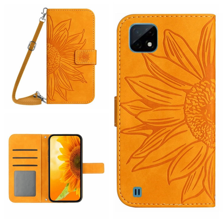 Skin Feel Custodia per cellulare in pelle con motivo a fiori di sole con cordino, For Realme C11, For Realme C12/C15/C25