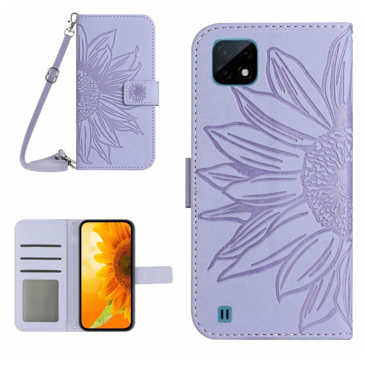 Skin Feel Custodia per cellulare in pelle con motivo a fiori di sole con cordino, For Realme C11, For Realme C12/C15/C25